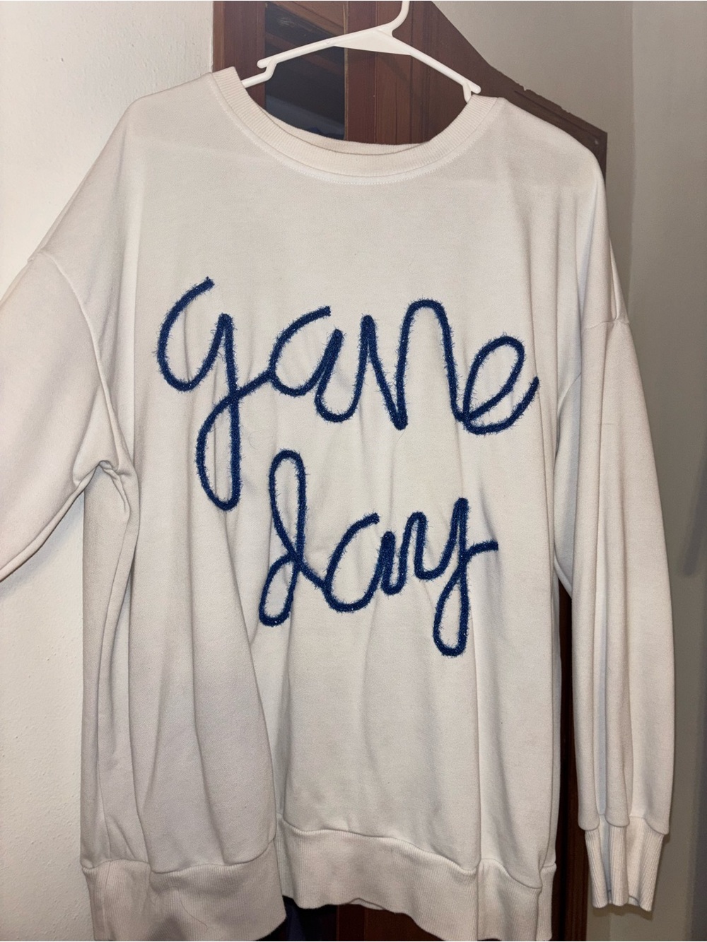 White 'Game Day' Oversized Sweater with Blue Script